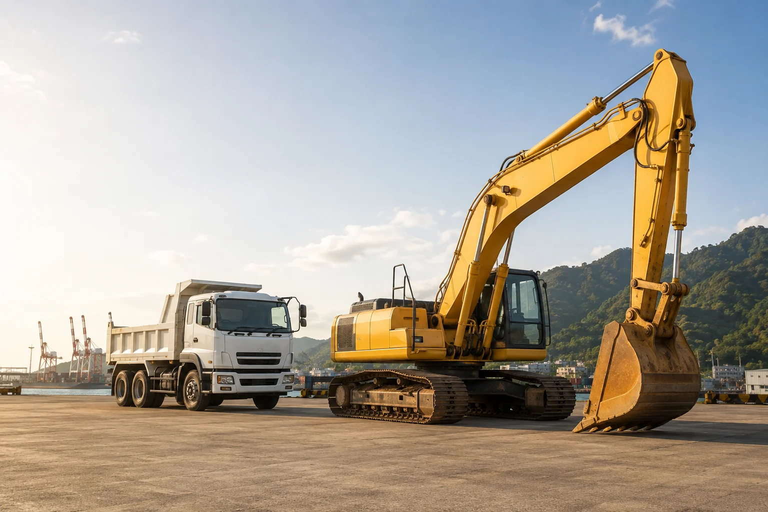 Illustration of a dump truck and excavator in an equipment yard